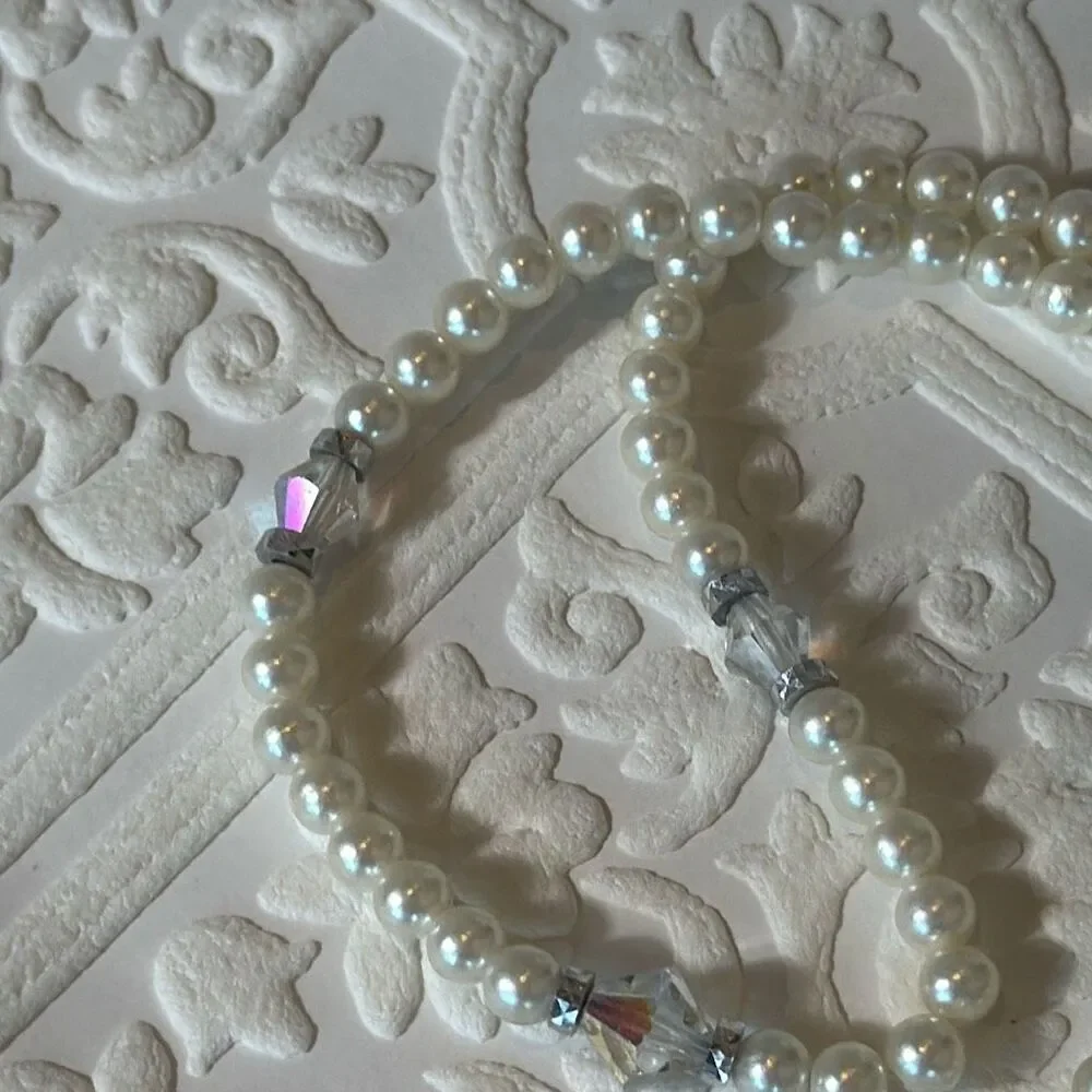 Vintage Art Deco Glass Pearl Choker‎ Necklace With Faceted Clear Crystals 15”